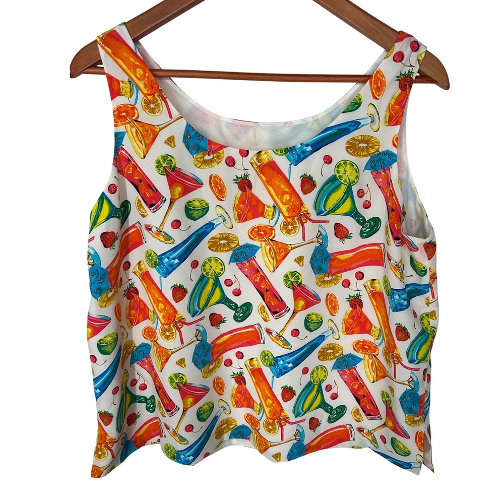 Ann May 100% Silk Sleeveless Blouse Tank Top Martini Tropical Drink Womens Large